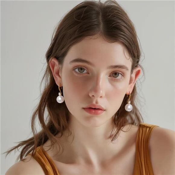 18K Gold-Plated Classic Pearl Drop Earrings – CZ Accents, Seashell Pearls - Picture 7 of 7